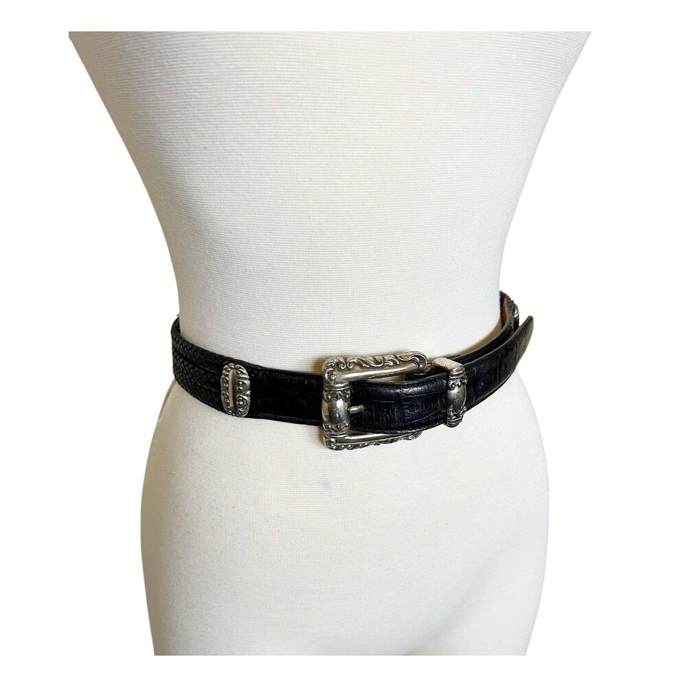 Brighton VTG Black Triple Braided Leather Rope Conch Belt Silver Sz 36